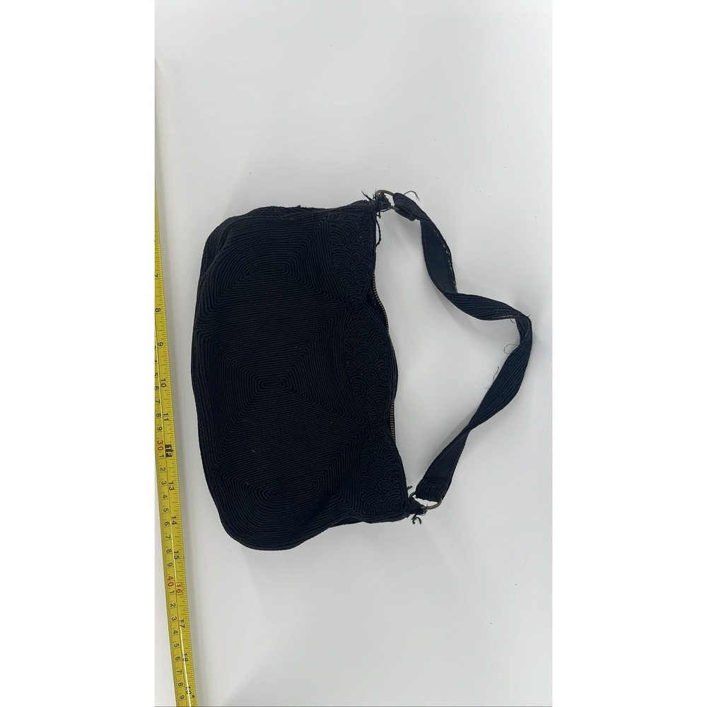 Vtg 40s‎ Black Corde Handbag Purse Art Deco Textured Square Spiral Scalloped